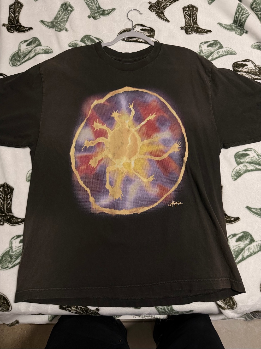 Travis Scott Black Tee with Gold, Purple and Red Sunburst Graphic